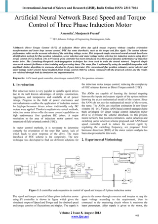 International Journal of Science and Research (IJSR), India Online ISSN: 2319-7064
Volume 2 Issue 8, August 2013
www.ijsr.net
Artificial Neural Network Based Speed and Torque
Control of Three Phase Induction Motor
Amanulla1
, Manjunath Prasad2
1, 2
EEE, Ghousia College of Engineering, Ramanagaram, India
Abstract: Direct Torque Control (DTC) of Induction Motor drive has quick torque response without complex orientation
transformation and inner loop current control. DTC has some drawbacks, such as the torque and flux ripple. The control scheme
performance relies on the accurate selection of the switching voltage vector. This proposed simple structured neural network based new
identification method for flux position estimation, sector selection and stator voltage vector selection for induction motors using direct
torque control (DTC) method. The ANN based speed controller has been introduced to achieve good dynamic performance of induction
motor drive. The Levenberg-Marquardt back-propagation technique has been used to train the neural network. Proposed simple
structured network facilitates a short training and processing times. The stator flux is estimated by using the modified integration with
amplitude limiter algorithms to overcome drawbacks of pure integrator. The conventional flux position estimator, sector selector and
stator voltage vector selector based modified direct torque control (MDTC) scheme compared with the proposed scheme and the results
are validated through both by simulation and experimentation.
Keywords: ANN based speed controller, direct torque control (DTC), flux position estimator.
1. Introduction
The induction motor is very popular in variable speed drives
due to its well known advantages of simple construction,
ruggedness, and inexpensive and available at all power
ratings. Progress in the field of power electronics and
microelectronics enables the application of induction motors
for high-performance drives where traditionally only DC
motors were applied. Thanks to sophisticate control methods,
induction motor drives offer the same control capabilities as
high performance four quadrant DC drives. A major
revolution in the area of induction motor control was
invention of field-oriented control (FOC).
In vector control methods, it is necessary to determine
correctly the orientation of the rotor flux vector, lack of
which leads to poor response of the drive. The main
drawback of FOC scheme is the complexity. The new
technique was developed to find out different solutions for
the induction motor torque control, reducing the complexity
of FOC schemes known as Direct Torque control (DTC).
The ANNs are capable of learning the desired mapping
between the inputs and outputs signals of the system without
knowing the exact mathematical model of the system. Since
the ANNs do not use the mathematical model of the system,
the same. The ANNs are excellent estimators in non linear
systems [6] - [8]. Various ANN based control strategies have
been developed for direct torque control induction motor
drive to overcome the scheme drawback. In this project,
neural network flux position estimation, sector selection and
switching vector selection scheme proposed, and ANN based
speed controller used to reduce the current ripple by
regulating the switching frequency, are proposed. Total
harmonic distortion (THD) of the stator current analysis has
been also presented in this work.
2. Experimental Methodology
Figure 1: I controller under operation in control of speed and torque of 3 phase induction motor
The speed and torque control of three phase induction motor
using PI controller is shown in figure which gives the
simulated output of Speed and Torque and the obtained speed
and torque consists of fluctuations and ripples. The supply is
given to the motor through converter and inverter to vary the
input voltage according to the requirement, then its
connected to the measuring circuit where it measures the
input parameters. After supply is given to the motor, the
462
 