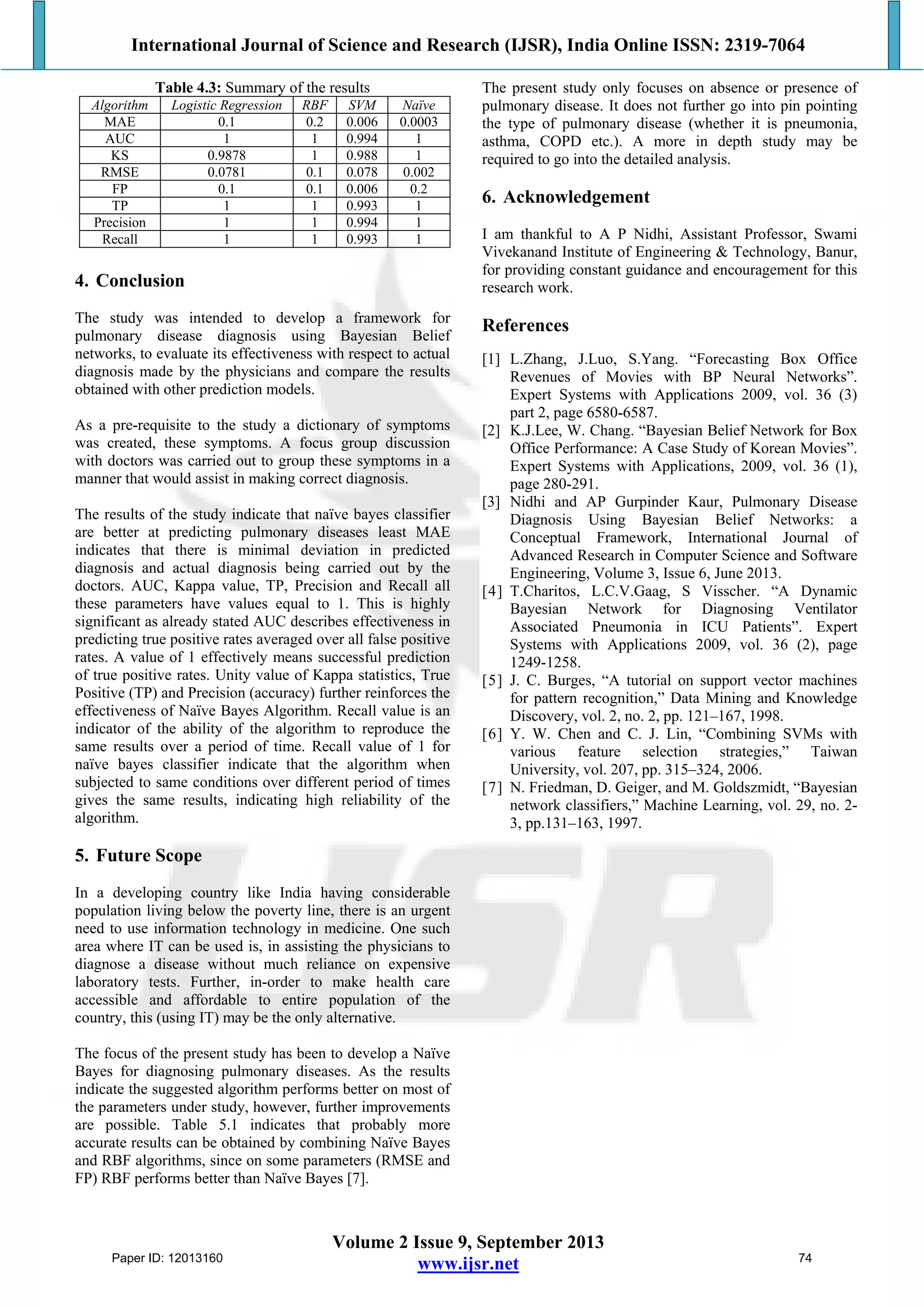 International Journal of Science and Research (IJSR), India Online ISSN: 2319-7064
Volume 2 Issue 9, September 2013
www.ijsr.net
Table 4.3: Summary of the results
Algorithm Logistic Regression RBF SVM Naïve
MAE 0.1 0.2 0.006 0.0003
AUC 1 1 0.994 1
KS 0.9878 1 0.988 1
RMSE 0.0781 0.1 0.078 0.002
FP 0.1 0.1 0.006 0.2
TP 1 1 0.993 1
Precision 1 1 0.994 1
Recall 1 1 0.993 1
4. Conclusion
The study was intended to develop a framework for
pulmonary disease diagnosis using Bayesian Belief
networks, to evaluate its effectiveness with respect to actual
diagnosis made by the physicians and compare the results
obtained with other prediction models.
As a pre-requisite to the study a dictionary of symptoms
was created, these symptoms. A focus group discussion
with doctors was carried out to group these symptoms in a
manner that would assist in making correct diagnosis.
The results of the study indicate that naïve bayes classifier
are better at predicting pulmonary diseases least MAE
indicates that there is minimal deviation in predicted
diagnosis and actual diagnosis being carried out by the
doctors. AUC, Kappa value, TP, Precision and Recall all
these parameters have values equal to 1. This is highly
significant as already stated AUC describes effectiveness in
predicting true positive rates averaged over all false positive
rates. A value of 1 effectively means successful prediction
of true positive rates. Unity value of Kappa statistics, True
Positive (TP) and Precision (accuracy) further reinforces the
effectiveness of Naïve Bayes Algorithm. Recall value is an
indicator of the ability of the algorithm to reproduce the
same results over a period of time. Recall value of 1 for
naïve bayes classifier indicate that the algorithm when
subjected to same conditions over different period of times
gives the same results, indicating high reliability of the
algorithm.
5. Future Scope
In a developing country like India having considerable
population living below the poverty line, there is an urgent
need to use information technology in medicine. One such
area where IT can be used is, in assisting the physicians to
diagnose a disease without much reliance on expensive
laboratory tests. Further, in-order to make health care
accessible and affordable to entire population of the
country, this (using IT) may be the only alternative.
The focus of the present study has been to develop a Naïve
Bayes for diagnosing pulmonary diseases. As the results
indicate the suggested algorithm performs better on most of
the parameters under study, however, further improvements
are possible. Table 5.1 indicates that probably more
accurate results can be obtained by combining Naïve Bayes
and RBF algorithms, since on some parameters (RMSE and
FP) RBF performs better than Naïve Bayes [7].
The present study only focuses on absence or presence of
pulmonary disease. It does not further go into pin pointing
the type of pulmonary disease (whether it is pneumonia,
asthma, COPD etc.). A more in depth study may be
required to go into the detailed analysis.
6. Acknowledgement
I am thankful to A P Nidhi, Assistant Professor, Swami
Vivekanand Institute of Engineering & Technology, Banur,
for providing constant guidance and encouragement for this
research work.
References
[1] L.Zhang, J.Luo, S.Yang. “Forecasting Box Office
Revenues of Movies with BP Neural Networks”.
Expert Systems with Applications 2009, vol. 36 (3)
part 2, page 6580-6587.
[2] K.J.Lee, W. Chang. “Bayesian Belief Network for Box
Office Performance: A Case Study of Korean Movies”.
Expert Systems with Applications, 2009, vol. 36 (1),
page 280-291.
[3] Nidhi and AP Gurpinder Kaur, Pulmonary Disease
Diagnosis Using Bayesian Belief Networks: a
Conceptual Framework, International Journal of
Advanced Research in Computer Science and Software
Engineering, Volume 3, Issue 6, June 2013.
[4] T.Charitos, L.C.V.Gaag, S Visscher. “A Dynamic
Bayesian Network for Diagnosing Ventilator
Associated Pneumonia in ICU Patients”. Expert
Systems with Applications 2009, vol. 36 (2), page
1249-1258.
[5] J. C. Burges, “A tutorial on support vector machines
for pattern recognition,” Data Mining and Knowledge
Discovery, vol. 2, no. 2, pp. 121–167, 1998.
[6] Y. W. Chen and C. J. Lin, “Combining SVMs with
various feature selection strategies,” Taiwan
University, vol. 207, pp. 315–324, 2006.
[7] N. Friedman, D. Geiger, and M. Goldszmidt, “Bayesian
network classifiers,” Machine Learning, vol. 29, no. 2-
3, pp.131–163, 1997.
Paper ID: 12013160 74
 
