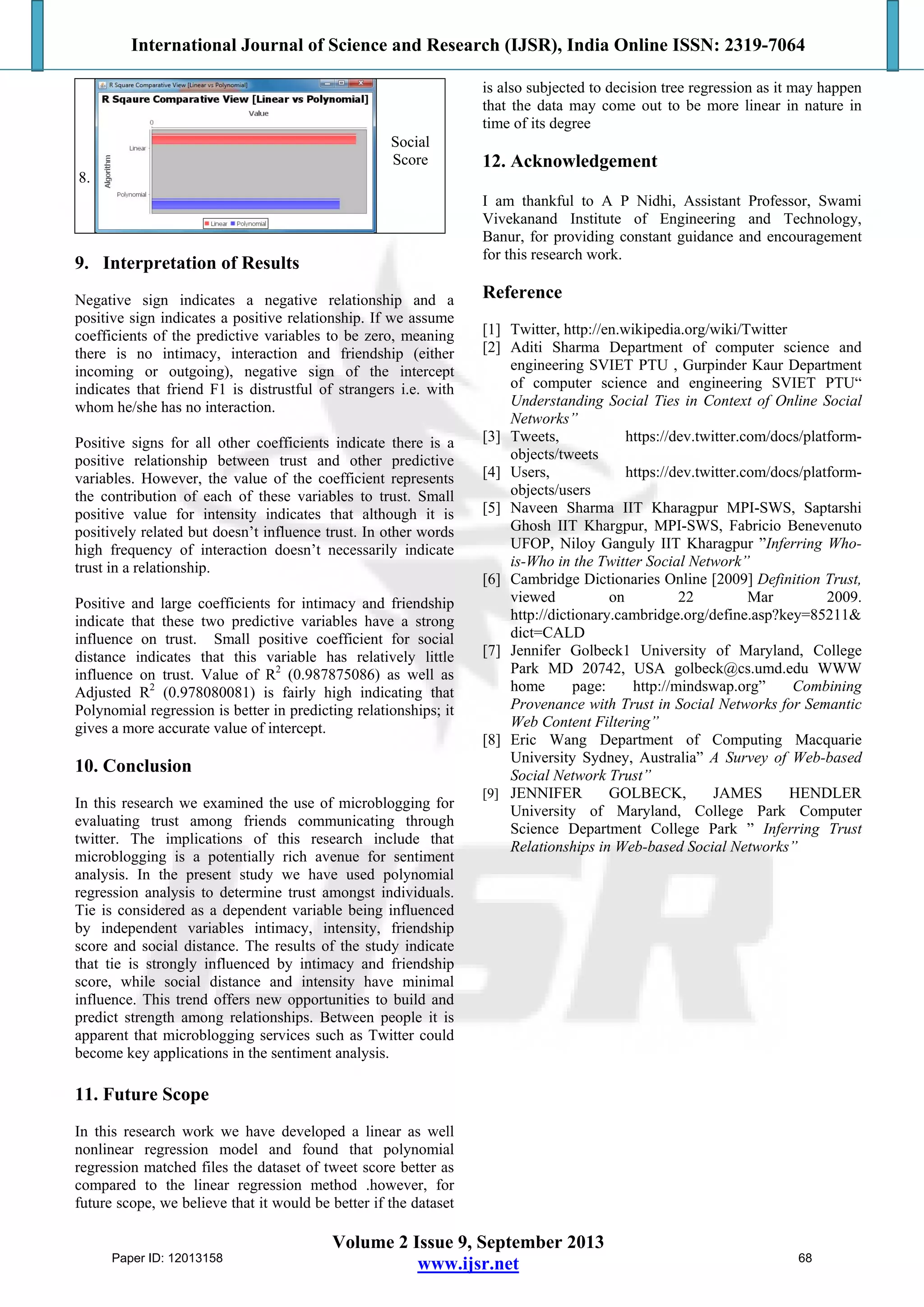 International Journal of Science and Research (IJSR), India Online ISSN: 2319-7064
Volume 2 Issue 9, September 2013
www.ijsr.net
8.
Social
Score
9. Interpretation of Results
Negative sign indicates a negative relationship and a
positive sign indicates a positive relationship. If we assume
coefficients of the predictive variables to be zero, meaning
there is no intimacy, interaction and friendship (either
incoming or outgoing), negative sign of the intercept
indicates that friend F1 is distrustful of strangers i.e. with
whom he/she has no interaction.
Positive signs for all other coefficients indicate there is a
positive relationship between trust and other predictive
variables. However, the value of the coefficient represents
the contribution of each of these variables to trust. Small
positive value for intensity indicates that although it is
positively related but doesn’t influence trust. In other words
high frequency of interaction doesn’t necessarily indicate
trust in a relationship.
Positive and large coefficients for intimacy and friendship
indicate that these two predictive variables have a strong
influence on trust. Small positive coefficient for social
distance indicates that this variable has relatively little
influence on trust. Value of R2
(0.987875086) as well as
Adjusted R2
(0.978080081) is fairly high indicating that
Polynomial regression is better in predicting relationships; it
gives a more accurate value of intercept.
10. Conclusion
In this research we examined the use of microblogging for
evaluating trust among friends communicating through
twitter. The implications of this research include that
microblogging is a potentially rich avenue for sentiment
analysis. In the present study we have used polynomial
regression analysis to determine trust amongst individuals.
Tie is considered as a dependent variable being influenced
by independent variables intimacy, intensity, friendship
score and social distance. The results of the study indicate
that tie is strongly influenced by intimacy and friendship
score, while social distance and intensity have minimal
influence. This trend offers new opportunities to build and
predict strength among relationships. Between people it is
apparent that microblogging services such as Twitter could
become key applications in the sentiment analysis.
11. Future Scope
In this research work we have developed a linear as well
nonlinear regression model and found that polynomial
regression matched files the dataset of tweet score better as
compared to the linear regression method .however, for
future scope, we believe that it would be better if the dataset
is also subjected to decision tree regression as it may happen
that the data may come out to be more linear in nature in
time of its degree
12. Acknowledgement
I am thankful to A P Nidhi, Assistant Professor, Swami
Vivekanand Institute of Engineering and Technology,
Banur, for providing constant guidance and encouragement
for this research work.
Reference
[1] Twitter, http://en.wikipedia.org/wiki/Twitter
[2] Aditi Sharma Department of computer science and
engineering SVIET PTU , Gurpinder Kaur Department
of computer science and engineering SVIET PTU“
Understanding Social Ties in Context of Online Social
Networks”
[3] Tweets, https://dev.twitter.com/docs/platform-
objects/tweets
[4] Users, https://dev.twitter.com/docs/platform-
objects/users
[5] Naveen Sharma IIT Kharagpur MPI-SWS, Saptarshi
Ghosh IIT Khargpur, MPI-SWS, Fabricio Benevenuto
UFOP, Niloy Ganguly IIT Kharagpur ”Inferring Who-
is-Who in the Twitter Social Network”
[6] Cambridge Dictionaries Online [2009] Definition Trust,
viewed on 22 Mar 2009.
http://dictionary.cambridge.org/define.asp?key=85211&
dict=CALD
[7] Jennifer Golbeck1 University of Maryland, College
Park MD 20742, USA golbeck@cs.umd.edu WWW
home page: http://mindswap.org” Combining
Provenance with Trust in Social Networks for Semantic
Web Content Filtering”
[8] Eric Wang Department of Computing Macquarie
University Sydney, Australia” A Survey of Web-based
Social Network Trust”
[9] JENNIFER GOLBECK, JAMES HENDLER
University of Maryland, College Park Computer
Science Department College Park ” Inferring Trust
Relationships in Web-based Social Networks”
Paper ID: 12013158 68
 