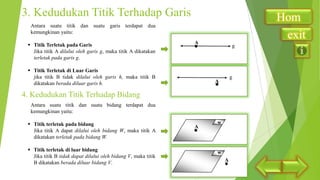 3. Kedudukan Titik Terhadap Garis

Hom
exit

Antara suatu titik dan suatu garis terdapat dua
kemungkinan yaitu:
 Titik Terletak pada Garis
Jika titik A dilalui oleh garis g, maka titik A dikatakan
terletak pada garis g.

A

 Titik Terletak di Luar Garis
jika titik B tidak dilalui oleh garis h, maka titik B
dikatakan berada diluar garis h.

g

g

A

4. Kedudukan Titik Terhadap Bidang
Antara suatu titik dan suatu bidang terdapat dua
kemungkinan yaitu:
 Titik terletak pada bidang
Jika titik A dapat dilalui oleh bidang W, maka titik A
dikatakan terletak pada bidang W.
 Titik terletak di luar bidang
Jika titik B tidak dapat dilalui oleh bidang V, maka titik
B dikatakan berada diluar bidang V.

A

w

w
A

 