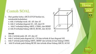 Contoh SOAL
1.

a.
b.
c.
d.

Dari gambar kubus ABCD.EFGH berikut ini,
tentukanlah kedudukan:
a. titik A terhadap rusuk AB, AD, dan AE
b. titik C terhadap diagonal AC, AH, dan CH
c. titik F terhadap bidang ABFE, CDHG, dan BDHF
d. titik H terhadap bidang ABCD, BCHE, dan ACGE

Jawab
titik A terletak pada AB, AD, dan AE
titik C terletak pada diagonal AC, CH dan terletak di luar diagonal AH
titik F terletak pada bidang ABFE, BDHF dan terletak di luar bidang CDHG
titik H terletak pada bidang BCHE dan terletak diluar bidang ABCD, ACGE

Home
exit

 