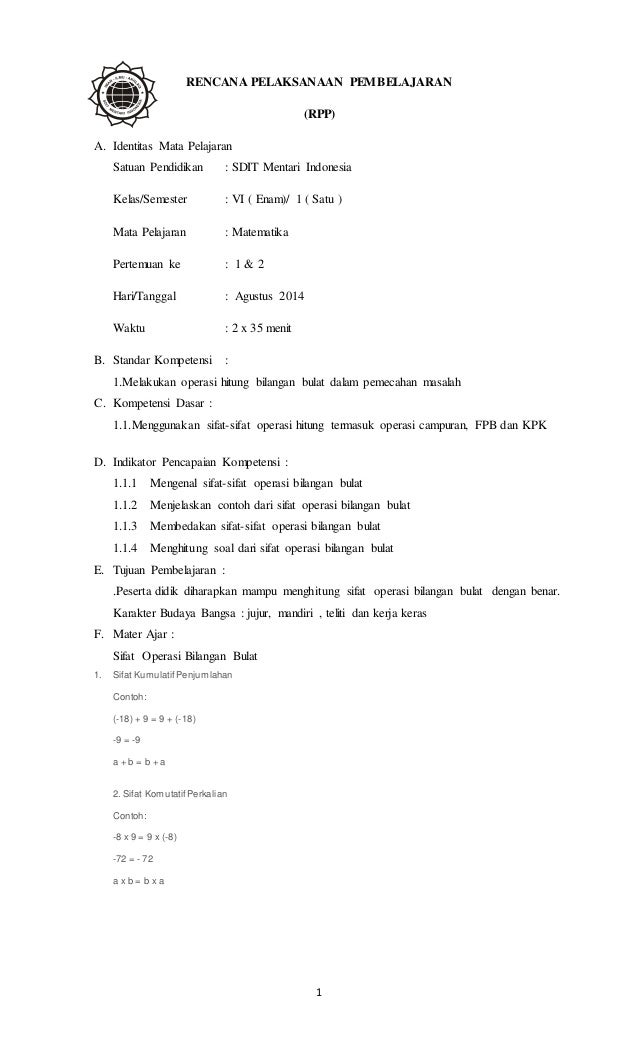 Contoh Rpp Matematika Kelas 6 Semester 1