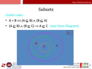 Subsets Useful rules: A = B    (A    B)    (B    A)  (A    B)    (B    C)    A    C  (see Venn Diagram) A B C 