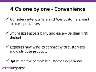 4 C’s one by one - Convenience
 Considers when, where and how customers want
to make purchases
Emphasizes accessibility and ease – Be their first
choice!
 Explores new ways to connect with customers
and distribute products
Optimizes the complete customer experience
 