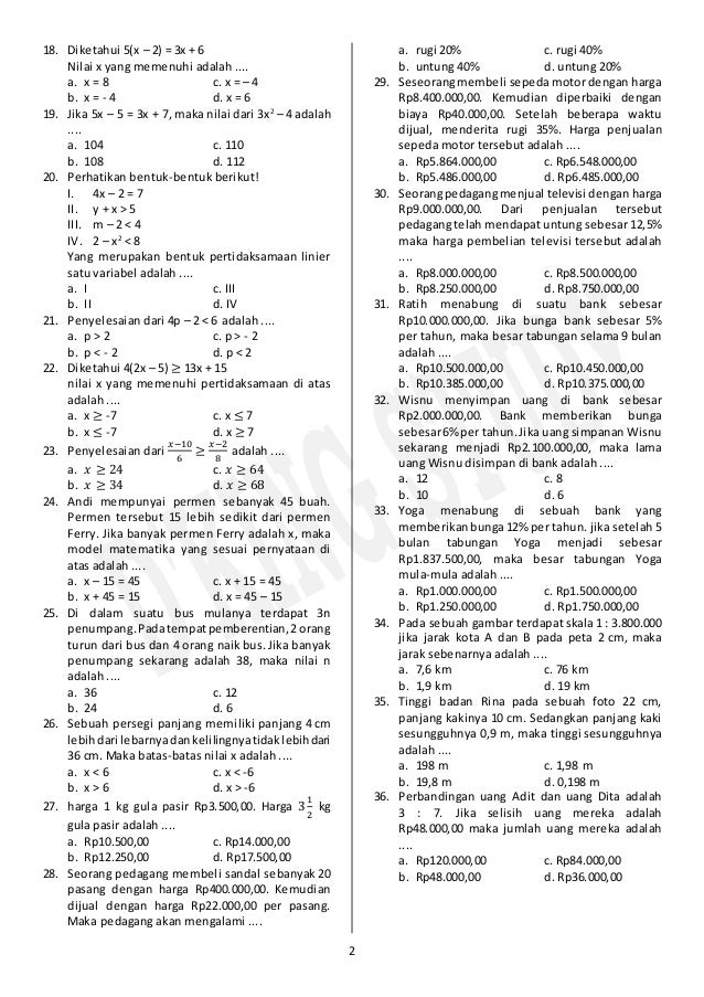 Soal Ujian Matematika Semester 1 Kelas 7 Kurikulum 2013