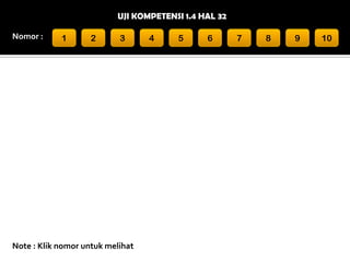 UJI KOMPETENSI 1.4 HAL 32
Nomor :

1

2

3

Note : Klik nomor untuk melihat

4

5

6

7

8

9

10

 