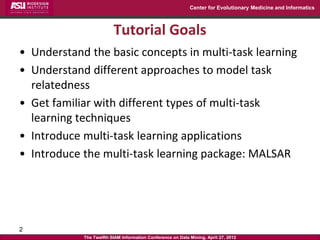 Center for Evolutionary Medicine and Informatics



                         Tutorial Goals
• Understand the basic concepts in multi-task learning
• Understand different approaches to model task
  relatedness
• Get familiar with different types of multi-task
  learning techniques
• Introduce multi-task learning applications
• Introduce the multi-task learning package: MALSAR




2
            The Twelfth SIAM Information Conference on Data Mining, April 27, 2012
 
