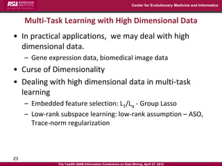 Center for Evolutionary Medicine and Informatics



     Multi-Task Learning with High Dimensional Data
• In practical applications, we may deal with high
  dimensional data.
     – Gene expression data, biomedical image data
• Curse of Dimensionality
• Dealing with high dimensional data in multi-task
  learning
     – Embedded feature selection: L1/Lq - Group Lasso
     – Low-rank subspace learning: low-rank assumption – ASO,
       Trace-norm regularization



23
               The Twelfth SIAM Information Conference on Data Mining, April 27, 2012
 