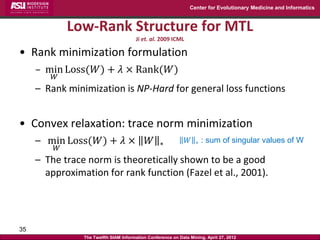 Center for Evolutionary Medicine and Informatics



              Low-Rank Structure for MTL
                                       Ji et. al. 2009 ICML

• Rank minimization formulation
     – min Loss(𝑊) + 𝜆 × Rank(𝑊)
         𝑊
     – Rank minimization is NP-Hard for general loss functions


• Convex relaxation: trace norm minimization
     – min Loss(𝑊) + 𝜆 ×                     𝑊    ∗            𝑊   ∗   : sum of singular values of W
          𝑊
     – The trace norm is theoretically shown to be a good
       approximation for rank function (Fazel et al., 2001).




35
                The Twelfth SIAM Information Conference on Data Mining, April 27, 2012
 