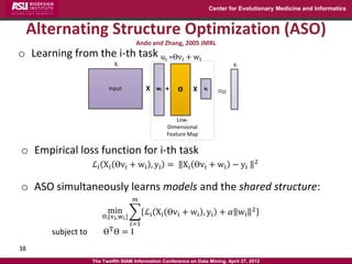 Center for Evolutionary Medicine and Informatics



 Alternating Structure Optimization (ASO)
                                       Ando and Zhang, 2005 JMRL
o Learning from the i-th task ui =Өvi + wi
                             Xi                                                 yi



                          Input             X   wi   +   Θ    X    vi
                                                                          ≈

                                                         Low-
                                                     Dimensional
                                                     Feature Map

o Empirical loss function for i-th task
                                                                                       2
                    ℒi Xi Өvi + wi , yi =                 Xi Өvi + wi − yi

o ASO simultaneously learns models and the shared structure:
                                       𝑚
                          min               ℒi Xi Өvi + wi , yi + 𝛼 wi                 2
                        Ө,{vi ,wi }
                                      𝑖=1
       subject to       ӨT Ө      =I
38
                    The Twelfth SIAM Information Conference on Data Mining, April 27, 2012
 
