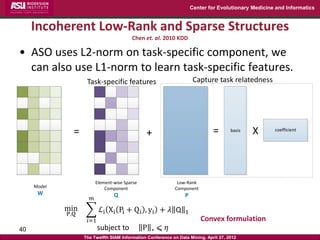 Center for Evolutionary Medicine and Informatics


     Incoherent Low-Rank and Sparse Structures
                                          Chen et. al. 2010 KDD

• ASO uses L2-norm on task-specific component, we
  can also use L1-norm to learn task-specific features.
                    Task-specific features                            Capture task relatedness




               =                                +                             =       basis   X      coefficient




                          Element-wise Sparse                  Low-Rank
     Model                    Component                       Component
      W                           Q                              P
                      𝑚
             min           ℒi Xi Pi + Q i , yi + ߣ Q             1
             P,Q
                    𝑖=1                                                   Convex formulation
40                        subject to            P   ∗   ⩽ 𝜂
                   The Twelfth SIAM Information Conference on Data Mining, April 27, 2012
 