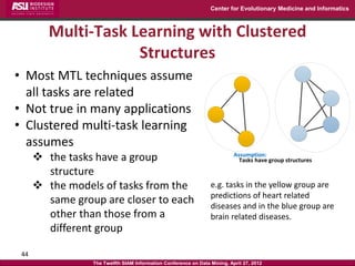 Center for Evolutionary Medicine and Informatics



         Multi-Task Learning with Clustered
                     Structures
• Most MTL techniques assume
  all tasks are related
• Not true in many applications
• Clustered multi-task learning
  assumes
       the tasks have a group                                             Assumption:
                                                                             Tasks have group structures

        structure
       the models of tasks from the                             e.g. tasks in the yellow group are
                                                                 predictions of heart related
        same group are closer to each                            diseases and in the blue group are
        other than those from a                                  brain related diseases.
        different group

 44
                 The Twelfth SIAM Information Conference on Data Mining, April 27, 2012
 