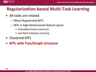 Center for Evolutionary Medicine and Informatics



Regularization-based Multi-Task Learning
• All tasks are related
     – Mean-Regularized MTL
     – MTL in high dimensional feature space
        • Embedded Feature Selection
        • Low-Rank Subspace Learning
• Clustered MTL
• MTL with Tree/Graph structure




50
                The Twelfth SIAM Information Conference on Data Mining, April 27, 2012
 