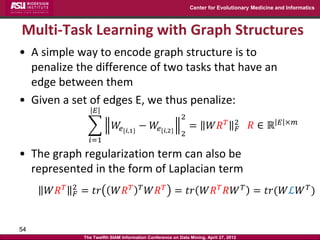 Center for Evolutionary Medicine and Informatics



Multi-Task Learning with Graph Structures
• A simple way to encode graph structure is to
  penalize the difference of two tasks that have an
  edge between them
• Given a set of edges E, we thus penalize:
                      𝐸
                                                             2
                                                                                      2            𝐸 ×𝑚
                               𝑊𝑒{𝑖,1} − 𝑊𝑒{𝑖,2}                 =         𝑊𝑅 𝑇        𝐹   𝑅∈ℝ
                                                             2
                   𝑖=1
• The graph regularization term can also be
  represented in the form of Laplacian term
            2
     𝑊𝑅 𝑇    𝐹   = 𝑡𝑟          𝑊𝑅 𝑇        𝑇
                                               𝑊𝑅 𝑇 = 𝑡𝑟 𝑊𝑅 𝑇 𝑅𝑊 𝑇 = 𝑡𝑟(𝑊ℒ𝑊 𝑇 )


54
                 The Twelfth SIAM Information Conference on Data Mining, April 27, 2012
 