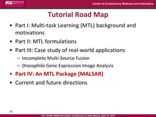 Center for Evolutionary Medicine and Informatics



                     Tutorial Road Map
• Part I: Multi-task Learning (MTL) background and
  motivations
• Part II: MTL formulations
• Part III: Case study of real-world applications
     – Incomplete Multi-Source Fusion
     – Drosophila Gene Expression Image Analysis
• Part IV: An MTL Package (MALSAR)
• Current and future directions



71
               The Twelfth SIAM Information Conference on Data Mining, April 27, 2012
 