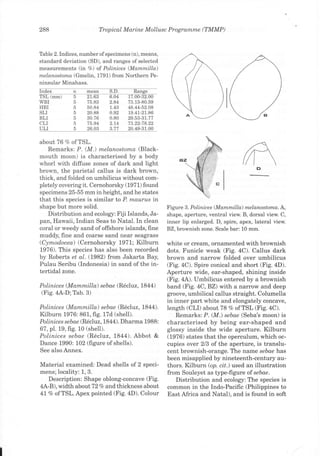 288                        Tropical Marine Mollusc Programme (TMMP)



Table 2. Indices, number of specimens (n), means,
standard deviation (SD), and ranges of selected
measurements (in 7o) of Polinices (Mamrnilla)
melanostoma (Gmelin, 1791) from Northern Pe-
ninsular Minahasa.


WBI               5    75.83   2.84     73.13-80.59
HBI               5    50.84   t.43     48.44-52.08
SLI               5    20.88   0.92      r9.4t-2r.86
BLI               5    30.76   0.80     29.53-3t.77
CLI               5    75.94   2.14     73.22-78.22
ULI               5    26.03   3.77     20.49-31.00


about 76 Vo of TSL.
    Remarks: P. (M.) melanostomo (Black-
                                                                                          /7--q
mouth moon) is characterised by a body
whorl with diffuse zones of dark and light
brown, the parietal callus is dark brown,
                                                                                      m-   E
thick, and folded on umbilicus without com-
pletely covering it. Cernohorsky (1971) found
specimens 25-55 mm in height, and he states
that this species is similar to P. maurus in
shape but more solid.                                  Figure  3. Polinices (Mammilla) melanostoma. A,
    Distribution and ecology: Fiji Islands, Ja-        shape, aperture, ventral view. B, dorsal view C,
pan, Hawaii, Indian Seas to Natal. In clean            inner lip enlarged. D, spire, apex, lateral view.
coral or weedy sand ofoffshore islands, fine           BZ, brownish zone. Scale bar: 10 mm.
muddy, fine and coarse sand near seagrass
(Cymodocea) (Cernohorsky 1971; Kilburn                 white or cream, ornamented with brownish
I976). This species has also been recorded             dots. Funicle weak (Fig. aC). Callus dark
by Roberts et q.l. (1982) from Jakarta Bay,            brown and narrow folded over umbilicus
Pulau Seribu (Indonesia) in sand of the in-            (Fig. aC). Spire conical and short (Fig. aD).
tertidal zone.                                         Aperture wide, ear-shaped, shining inside
                                                       Gig. aA). Umbilicus entered by a brownish
Polinice s (M qmmilla)      seb ae   (R6cluz, 7844)    band (Fig. 4C,BZ) with a narrow and deep
(Fig.4A-D;Tab. 3)                                      groove, umbilical callus straight. Columella
                                                       in inner part white and elongately concave,
Polinices (Marnmilla) sebae (R6cluz, L844).            length (CLI) about 78 7o of TSL (Fig. aC).
Kilburn 1976:861, fig. 17d (shell).                        Remarks: P. (M.) seboe (Seba's moon) is
Polinices sebae (R6cluz,1844). Dharma 1988:            characterised by being ear-shaped and
67,pL.19, fig. 10 (shell).                             glossy inside the wide aperture. Kilburn
Poliruices sebae (R6ciuz, 7844). Abbot &               (1976) states that the operculum, which oc-
Dance 1990: 102 (figure of shells).                    cupies over 2/3 of the aperture, is translu-
See also Annex.                                        cent brownish-orange. The name sebae has
                                                       been misapplied by nineteenth-century au-
Material examined: Dead shells of 2 speci-             thors. Kilburn (op. cit.) used an illustration
mens;locality: 1,3.                                    from Souleyet as type-figure of sebae.
   Description: Shape oblong-concave (Fig.                 Distribution and ecology:The species is
4A-B), width about72To andthickness about              common in the Indo-Pacific (Phitippines to
47    7o of   TSL. Apex pointed (Fig. 4D).    Colour   East Africa and Natal), and is found in soft
 