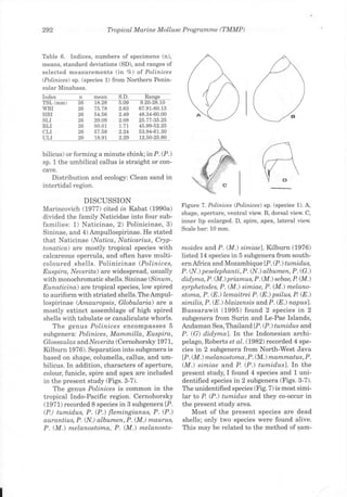 292                         Tlopical Marine Mollusc Programm.e (TMMP)


Table 6. Indices, numbers of specimens (n),
means, standard deviations (SD), and ranges of
selected measurements (in 7o) of Polinices
(Polinices) sp. (species 1) from Northern Penin-
sular Minahasa.
      x       n      mean
      ( mm)   %
WBI           26     75.78     2.63   67.91-80.13
HBI           26     54.56     2.49   48.34-60.00
SLI           26     29.09     2.08   25.77-35.25
BLI           26     50.01     L.1t   45.99-52.25
CLI           26     57.58     2.24   53.94-61.30
ULI           26     18.91     2.29   12.50-25.80


bilicus) or forming a minute chink;inP. (P.)
sp. 1 the umbilical callus is straight or con-
cave.
   Distribution and ecology: Clean sand in
intertidal region.

                   DISCUSSION
                                                      Figure 7. Polinices (Polinices) sp. (species 1). A,
Marincovich (1977) cited in Kabat (1990a)
                                                      shape, aperture, ventral view. B, dorsal view. C,
divided the family Naticidae into four sub-
                                                      inner lip enlarged. D, spire, apex, lateral view.
families: 1) Naticinae, 2) Polinicinae, 3)
                                                      Scale bar: 10 mm.
Sininae, and 4) Ampullospirinae. He stated
that Naticinae (Natica, Naticarius, Cryp-
tonaticq.) are mostly tropical species with           rnoides and P. (M.) simiuel. Kilburn (1976)
calcareous opercula, and ofben have multi-            listed 14 species in 5 subgenera from south-
coloured shells. Polinicinae (Polinices,              ern Africa and Mozambique [P. (P .) tumidus,
Euspira, Neueritq.) are widespread, usually           P. (N.) peselephanti, P. (N.) albumen, P. (G.)
with monochromatic shells. Sininae (Sinum,            didyma, P.(M.) priamus, P.(M.) sebae, P. (M.)
Eunaticina) are tropical species, low spired          syrphetodes, P. (M.) simiae, P. (M.) melano-
to auriform with striated shells. TheAmpul-           stoma, P. (8.) lemaitrei P. (8.) psilus, P. (8.)
lospirinae (Amauropsis, Globulario) are a             similis, P. (8.) blaizensis and P. (8.) napusl.
mostly extinct assemblage of high spired              Bussarawit (1995) found 2 species in 2
shells with tabulate or canaliculate whorls.          subgenera from Surin and Le-Pae Islands,
    The genus Polinices encompasses 5                 Andaman Sea,Thailand tP. (P.) tumidus and
subgenera: Polinices, Mamrnilla, Euspira,             P. (G) didyma).In the Indonesian archi-
GIos saulax and N eu erito (Cernohorsky 197 1,        pelago, Roberts et al. (1982) recorded 4 spe-
Kilburn 7976). Separation into subgenera is           cies in 2 subgenera from North-West Java
based on shape, columella, callus, and um-            lP. (M.) mela.rlostomo, P. (M.) mant matus, P.
bilicus. In addition, characters ofaperture,          (M.) simiae and P. (P.) tumidusl. In the
colour, funicle, spire and apex are included          present study, I found 4 species and 1 uni-
in the present study (Figs.3-7).                      dentified species in 2 subgenera (Figs. 3-7).
    The genus Polinices is common in the              The unidentifred species (Fig. 7) is most simi-
tropical Indo-Pacific region. Cernohorsky             lar to P (P.) tumidus and they co-occur in
(1971) recorded 8 species in 3 subgeneralP.           the present study area.
(P.) tumidus, P. (P.) flemingianus, P. (P.)               Most of the present species are dead
aurantiu s, P. (N.) alb umen, P . (M. ) nl'ct'urus,   shells; only two species were found a1ive.
P. (M.) melanostoma, P. (M.) melanosto-               This may be related to the method of sam-
 