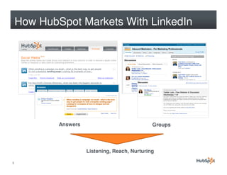 How HubSpot Markets With LinkedIn




            Answers                             Groups




                      Listening, Reach, Nurturing

5
 