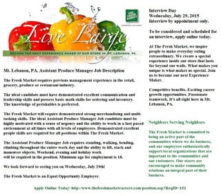 Mt lebanon pa grocery store jobs asst produce manager