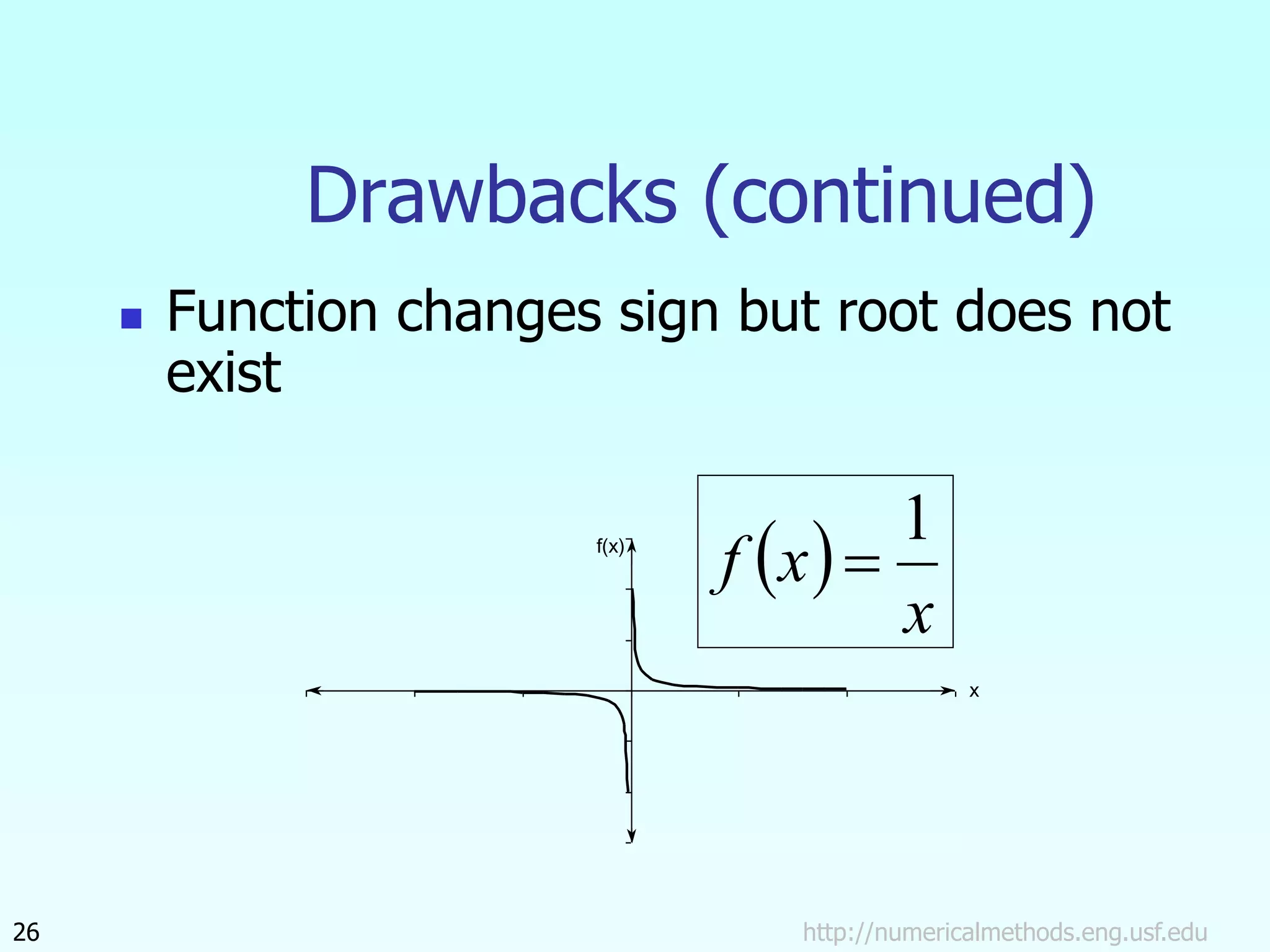 http://numericalmethods.eng.usf.edu
26
Drawbacks (continued)
 Function changes sign but root does not
exist
f(x)
x
 
x
x
f
1

 