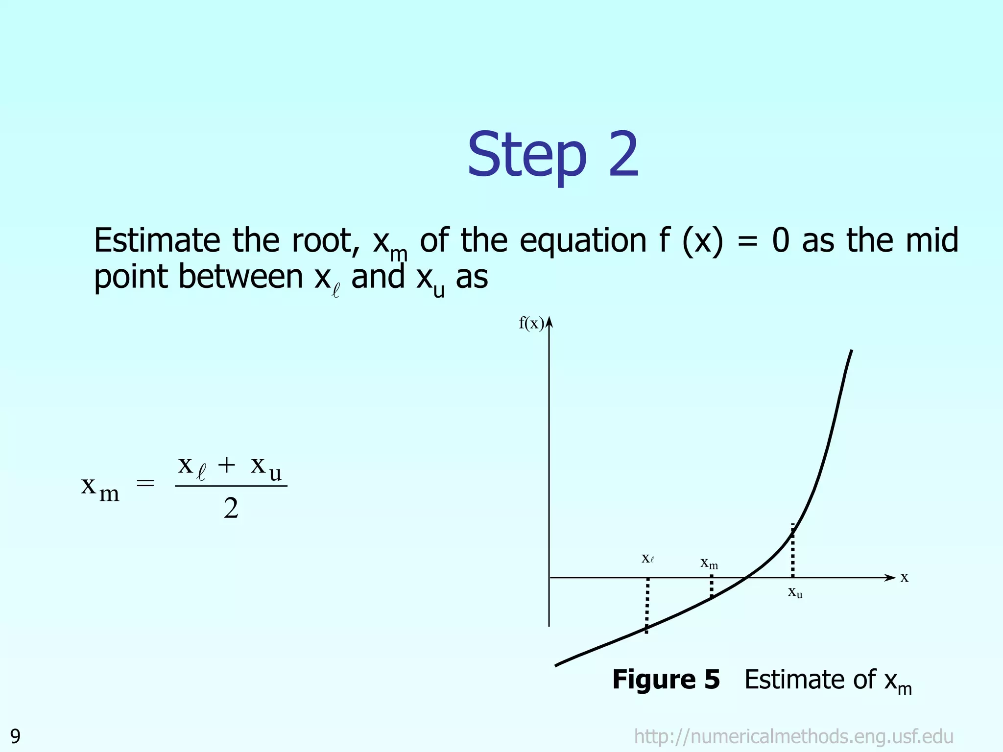 x
f(x)
xu
x
xm
http://numericalmethods.eng.usf.edu
9
Step 2
Estimate the root, xm of the equation f (x) = 0 as the mid
point between x and xu as
x
x
m =
xu
 
2
Figure 5 Estimate of xm
 