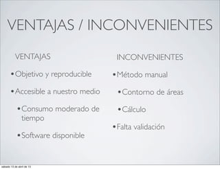 VENTAJAS / INCONVENIENTES
           VENTAJAS                 INCONVENIENTES

      •Objetivo y reproducible     •Método manual
      •Accesible a nuestro medio    •Contorno de áreas
            •Consumo moderado de    •Cálculo
                tiempo
                                   •Falta validación
            •Software disponible

sábado 13 de abril de 13
 