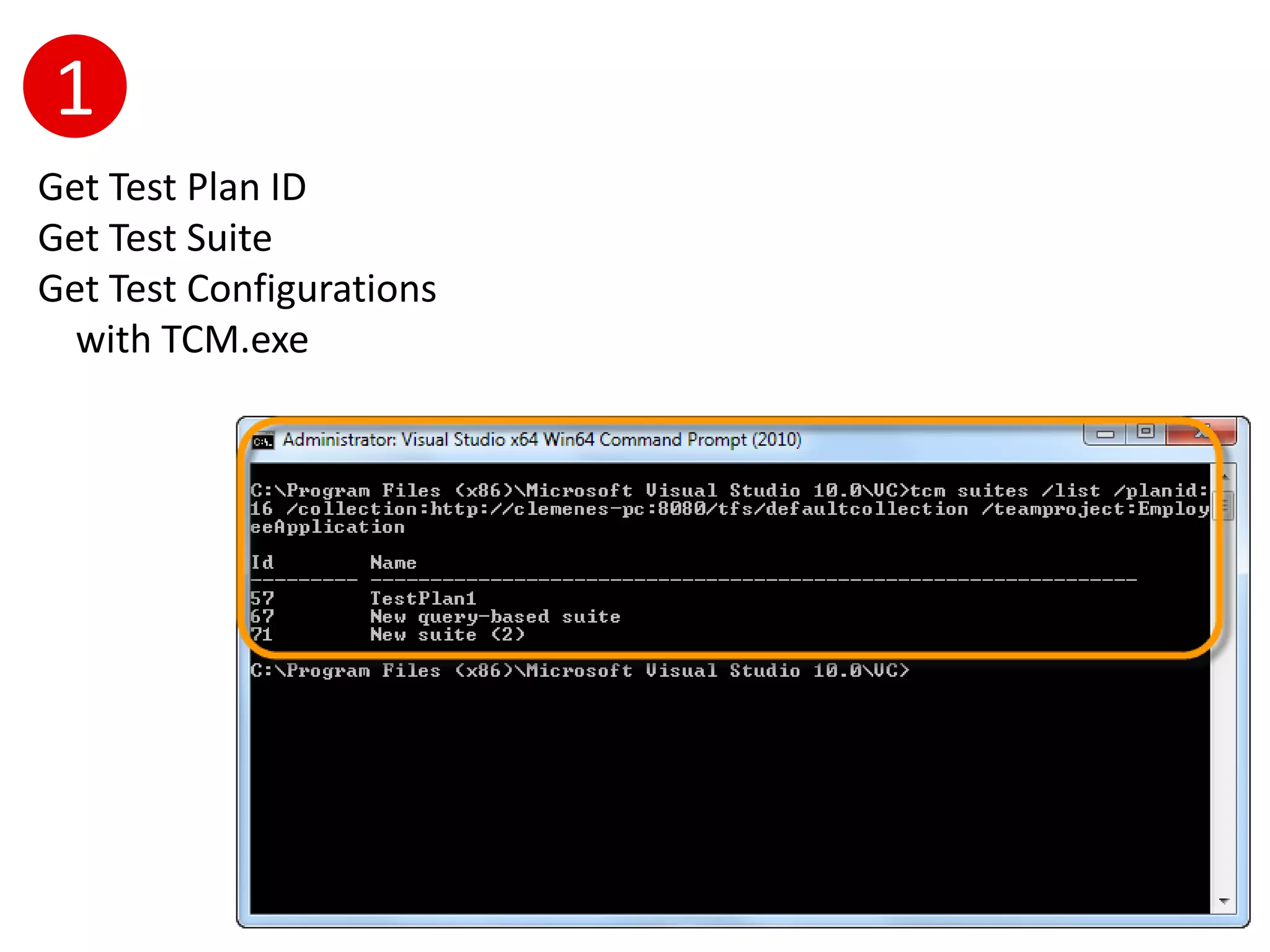 1
Get Test Plan ID
Get Test Suite
Get Test Configurations
  with TCM.exe
 