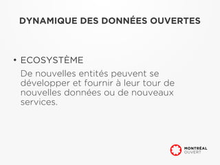 DYNAMIQUE DES DONNÉES OUVERTES



●
    ECOSYSTÈME
    De nouvelles entités peuvent se
    développer et fournir à leur tour de
    nouvelles données ou de nouveaux
    services.
 