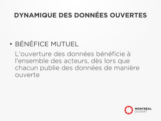 DYNAMIQUE DES DONNÉES OUVERTES



●
    BÉNÉFICE MUTUEL
    L'ouverture des données bénéficie à
    l'ensemble des acteurs, dès lors que
    chacun publie des données de manière
    ouverte
 
