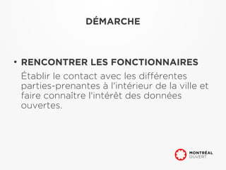 DÉMARCHE



●
    RENCONTRER LES FONCTIONNAIRES
    Établir le contact avec les différentes
    parties-prenantes à l'intérieur de la ville et
    faire connaître l'intérêt des données
    ouvertes.
 