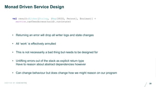 25C R A F T E D B Y C O N C E N T R A
Monad Driven Service Design
val result:Either[String, (Map[UUID, Person], Boolean)] =
service.canUserAccess(uuid).run(state)
• Returning an error will drop all writer logs and state changes
• All ‘work’ is effectively annulled
• This is not necessarily a bad thing but needs to be designed for
• Unlifting errors out of the stack as explicit return type
Have to reason about abstract dependencies however
• Can change behaviour but does change how we might reason on our program
 