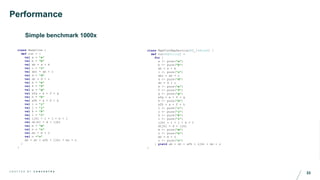 33C R A F T E D B Y C O N C E N T R A
Performance
Simple benchmark 1000x
class Baseline {
def run = {
val a = "a"
val b = "b"
val ab = a + b
val c = "c"
val abc = ab + c
val d = "d"
val dc = d + c
val e = "e"
val f = "f"
val g = "g"
val efg = e + f + g
val h = "h"
val afh = a + f + h
val i = "i"
val j = "j"
val k = "k"
val l = "l"
val ijkl = i + j + k + l
val dijkl = d + ijkl
val m = "m"
val n = "n"
val mn = m + n
val o ="o"
ab + dc + afh + ijkl + mn + o
}
}
class MapFlatMapService[M[_]:Monad] {
def run:M[String] =
for {
a <- pure("a")
b <- pure("b")
ab = a + b
c <- pure("c")
abc = ab + c
d <- pure("d")
dc = d + c
e <- pure("e")
f <- pure("f")
g <- pure("g")
efg = e + f + g
h <- pure("h")
afh = a + f + h
i <- pure("i")
j <- pure("j")
k <- pure("k")
l <- pure("l")
ijkl = i + j + k + l
dijkl = d + ijkl
m <- pure("m")
n <- pure("n")
mn = m + n
o <- pure("o")
} yield ab + dc + afh + ijkl + mn + o
}
 