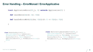 13C R A F T E D B Y C O N C E N T R A
Error Handling – ErrorMonad / ErrorApplicative
class MyHandledService[M[_]:
Applicat...