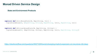 30C R A F T E D B Y C O N C E N T R A
Monad Driven Service Design
State and Environment Products
implicit def mInt:MonadSt...