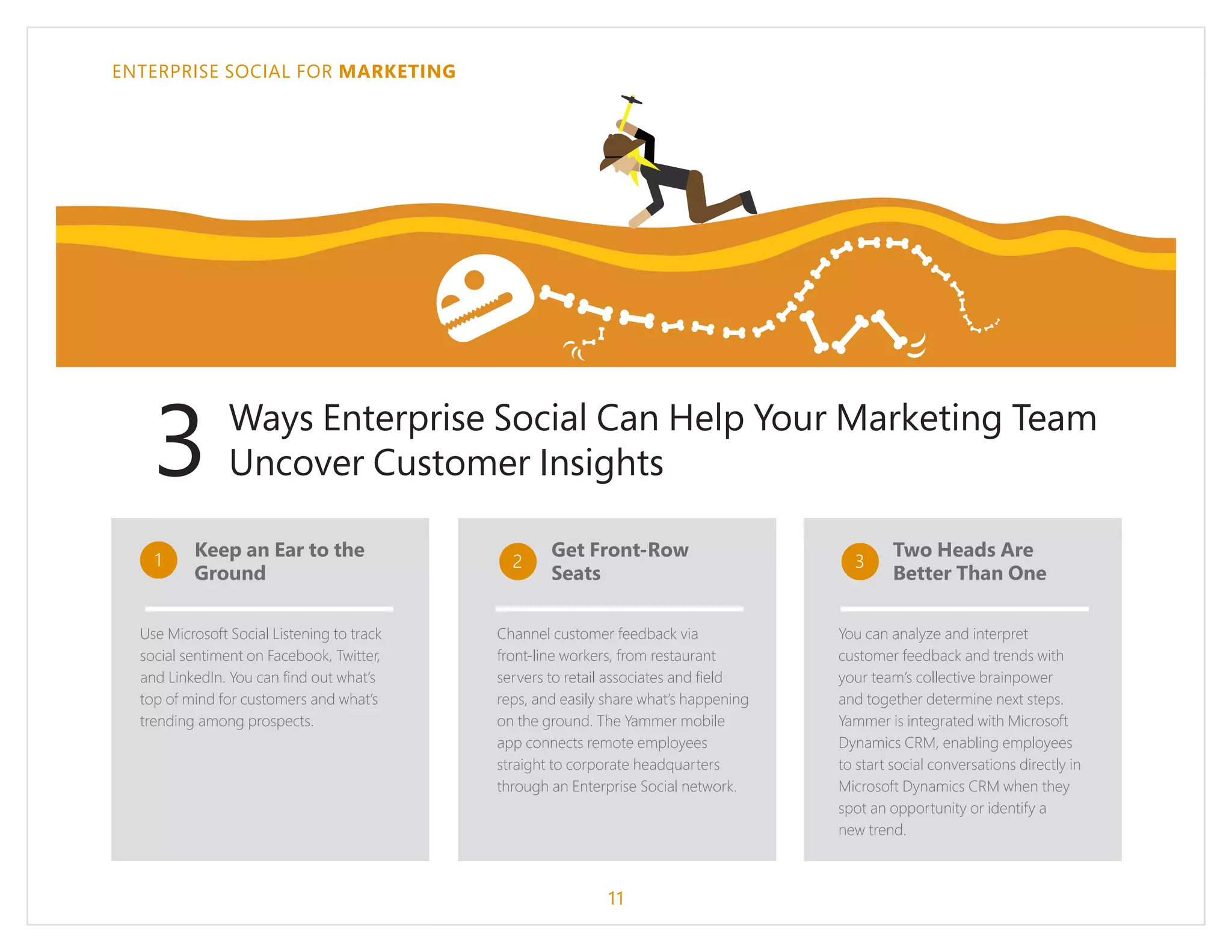 ENTERPRISE SOCIAL FOR MARKETING
11
Ways Enterprise Social Can Help Your Marketing Team
Uncover Customer Insights3
Keep an Ear to the
Ground
Use Microsoft Social Listening to track
social sentiment on Facebook, Twitter,
and LinkedIn. You can find out what’s
top of mind for customers and what’s
trending among prospects.
Get Front-Row
Seats
Channel customer feedback via
front-line workers, from restaurant
servers to retail associates and field
reps, and easily share what’s happening
on the ground. The Yammer mobile
app connects remote employees
straight to corporate headquarters
through an Enterprise Social network.
Two Heads Are
Better Than One
You can analyze and interpret
customer feedback and trends with
your team’s collective brainpower
and together determine next steps.
Yammer is integrated with Microsoft
Dynamics CRM, enabling employees
to start social conversations directly in
Microsoft Dynamics CRM when they
spot an opportunity or identify a
new trend.
1 2 3
 