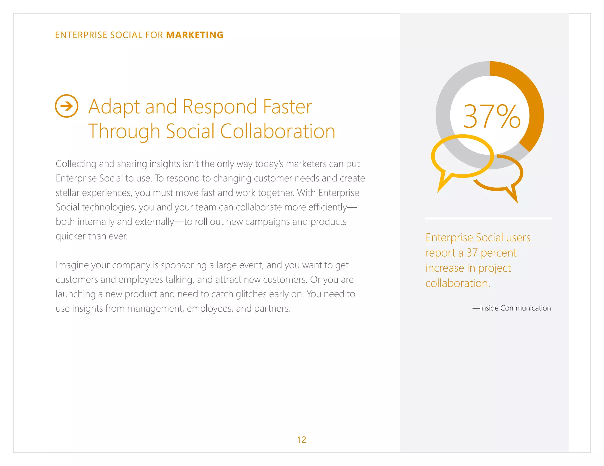 ENTERPRISE SOCIAL FOR MARKETING
Adapt and Respond Faster
Through Social Collaboration
Collecting and sharing insights isn’t the only way today’s marketers can put
Enterprise Social to use. To respond to changing customer needs and create
stellar experiences, you must move fast and work together. With Enterprise
Social technologies, you and your team can collaborate more efficiently—
both internally and externally—to roll out new campaigns and products
quicker than ever.
Imagine your company is sponsoring a large event, and you want to get
customers and employees talking, and attract new customers. Or you are
launching a new product and need to catch glitches early on. You need to
use insights from management, employees, and partners.
12
37%
Enterprise Social users
report a 37 percent
increase in project
collaboration.
—Inside Communication
 