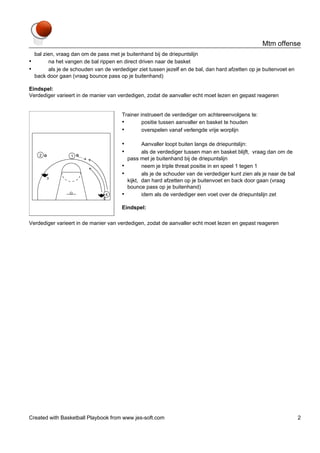 Mtm offense
•
•

bal zien, vraag dan om de pass met je buitenhand bij de driepuntslijn
na het vangen de bal rippen en direct driven naar de basket
als je de schouden van de verdediger ziet tussen jezelf en de bal, dan hard afzetten op je buitenvoet en
back door gaan (vraag bounce pass op je buitenhand)

Eindspel:
Verdediger varieert in de manier van verdedigen, zodat de aanvaller echt moet lezen en gepast reageren

Trainer instrueert de verdediger om achtereenvolgens te:
•
positie tussen aanvaller en basket te houden
•
overspelen vanaf verlengde vrije worplijn

•
•
•
•
•

Aanvaller loopt buiten langs de driepuntslijn:
als de verdediger tussen man en basket blijft, vraag dan om de
pass met je buitenhand bij de driepuntslijn
neem je triple threat positie in en speel 1 tegen 1
als je de schouder van de verdediger kunt zien als je naar de bal
kijkt, dan hard afzetten op je buitenvoet en back door gaan (vraag
bounce pass op je buitenhand)
idem als de verdediger een voet over de driepuntslijn zet

Eindspel:
Verdediger varieert in de manier van verdedigen, zodat de aanvaller echt moet lezen en gepast reageren

Created with Basketball Playbook from www.jes-soft.com

2

 