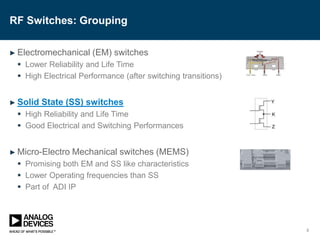 RF Switches: Grouping
► Electromechanical (EM) switches
 Lower Reliability and Life Time
 High Electrical Performance (after switching transitions)
► Solid State (SS) switches
 High Reliability and Life Time
 Good Electrical and Switching Performances
► Micro-Electro Mechanical switches (MEMS)
 Promising both EM and SS like characteristics
 Lower Operating frequencies than SS
 Part of ADI IP
8
 