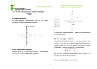 Apostila de Matemática Básica
Prof. Msc. Luiz Carlos Leal Junior
Campus Sertãozinho
XIV – PLANO CARTESIANO (SEU PRODUTO, RELAÇÕES E
FUNÇÕES)
64) Os eixos cartesianos
Dois eixos graduados, perpendiculares entre si, com origens
coincidentes, são denominados eixos cartesianos.
x
y
5
4
3
2
1
-1
-2
-3
-4
5
4
3
2
1
-1
-2
-3
-4
-5
-5
0
(eixo das abscissas)
(eixo das ordenadas)
origem
65) Um ponto no plano cartesiano
Um ponto situado em um plano cartesiano tem sua posição definida
por um par de números (coordenadas do ponto).
( )
( )
( )
( )
0
2,
-
P
1
-
0,
P
2
-
1,
P
2
3,
P
4
3
2
1
x
y
5
4
3
2
1
-1
-2
-3
-4
5
4
3
2
1
-1
-2
-3
-4
-5
-5
P1
P2
P3
P4
O primeiro valor numérico representa a abscissa do ponto e o segundo
a ordenada do ponto.
66) Uma reta no plano cartesiano
Um conjunto de pontos representados em um plano cartesiano pode
resultar em uma reta. Tal fato acontece quando atribuímos os mais
diversos valores a x em uma equação característica (a seguir
representada) e obtemos os valores de y correspondentes.
Esta equação é denominada equação reduzida da reta, sendo que a e
b necessariamente são valores constantes.
A sua representação gráfica nos mostra que:
4
y = a * x + b
 