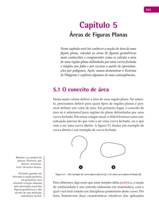 205
Capítulo 5
Áreas de Figuras Planas
Neste capítulo você irá conhecer a noção de área de uma
figura plana, calcular as áreas de figuras geométricas
mais conhecidas e compreender como se calcula a área
de uma região plana delimitada por uma curva fechada
e simples por falta e por excesso a partir de aproxima-
ções por polígonos. Após, vamos demonstrar o Teorema
de Pitágoras e explorar algumas de suas conseqüências.
5.1 O conceito de área
Nesta seção vamos definir a área de uma região plana. No entan-
to, precisamos definir para quais tipos de regiões planas é pos-
sível atribuir um valor de área. Em primeiro lugar, o conceito de
área só é admissível para regiões do plano delimitadas por uma
curva fechada. Em nosso estágio atual, é difícil fornecer uma con-
ceituação precisa do que vem a ser uma curva fechada, ou o que
vem a ser uma curva aberta. A figura 5.1 ilustra um exemplo de
curva aberta e um exemplo de curva fechada.
Figura 5.1 - Um exemplo de curva plana aberta (a), e de uma curva plana fechada (b)
Para obtermos algo mais que uma simples idéia pictórica, a noção
de continuidade é um conceito elaborado em matemática, com o
qual você terá contato em disciplinas posteriores deste curso. Por
hora, bastam-nos duas características intuitivas das aplicações
Relativo a ou próprio da
pintura. Pitoresco: que
diverte; recreativo.
Fonte: Dicionário Houaiss.
Portanto, quando nos
referimos à noção pictórica
em geometria, será
referente à noção induzida
pela apreciação visual das
figuras geométricas e não
através de uma definição
matemática formal.
 