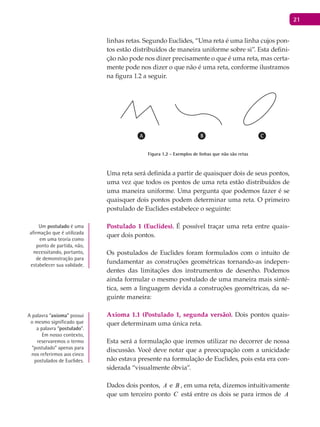 21
linhas retas. Segundo Euclides, “Uma reta é uma linha cujos pon-
tos estão distribuídos de maneira uniforme sobre si”. Esta defini-
ção não pode nos dizer precisamente o que é uma reta, mas certa-
mente pode nos dizer o que não é uma reta, conforme ilustramos
na figura 1.2 a seguir.
Figura 1.2 - Exemplos de linhas que não são retas
Uma reta será definida a partir de quaisquer dois de seus pontos,
uma vez que todos os pontos de uma reta estão distribuídos de
uma maneira uniforme. Uma pergunta que podemos fazer é se
quaisquer dois pontos podem determinar uma reta. O primeiro
postulado de Euclides estabelece o seguinte:
Postulado 1 (Euclides). É possível traçar uma reta entre quais-
quer dois pontos.
Os postulados de Euclides foram formulados com o intuito de
fundamentar as construções geométricas tornando-as indepen-
dentes das limitações dos instrumentos de desenho. Podemos
ainda formular o mesmo postulado de uma maneira mais sinté-
tica, sem a linguagem devida a construções geométricas, da se-
guinte maneira:
Axioma 1.1 (Postulado 1, segunda versão). Dois pontos quais-
quer determinam uma única reta.
Esta será a formulação que iremos utilizar no decorrer de nossa
discussão. Você deve notar que a preocupação com a unicidade
não estava presente na formulação de Euclides, pois esta era con-
siderada “visualmente óbvia”.
Dados dois pontos, A e B , em uma reta, dizemos intuitivamente
que um terceiro ponto C está entre os dois se para irmos de A
Um postulado é uma
afirmação que é utilizada
em uma teoria como
ponto de partida, não,
necessitando, portanto,
de demonstração para
estabelecer sua validade.
A palavra “axioma” possui
o mesmo significado que
a palavra “postulado”.
Em nosso contexto,
reservaremos o termo
“postulado” apenas para
nos referirmos aos cinco
postulados de Euclides.
 