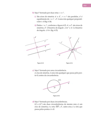 253
Sejab) F formada por duas retas r e r′ .
i) São eixos de simetria d e d′ , r e r′ são paralelas, d é
equidistante de r e r′ . d′ é uma reta qualquer perpendi-
cular a d (fig. 6.14).
ii) Dadas r e r′ , conforme a figura 6.15, d e d′ são eixos de
simetria; d′ é bissetriz do ângulo ror′∠ e d é a bissetriz
do ângulo r or′∠ (fig. 6.15).
r'
d'
d
r
d'
r'
αβ
r
d
O
Figura 6.14 Figura 6.15
Sejac) F formada por uma circunferência.
d, eixo de simetria, é uma reta qualquer que passa pelo pon-
to O, centro da circunferência.
(C)
d
O
Figura 6.16
Sejad) F formada por duas circunferências.
(C) e (C′) são duas circunferências de mesmo raio; d, um
eixo de simetria, é a reta 'OO

; d′, outro eixo, é a reta que
passa pelos pontos A e B.
 