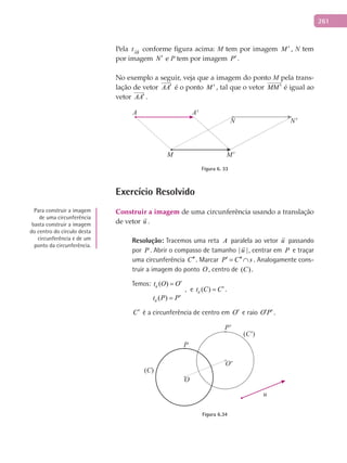 261
Pela AB
t conforme figura acima: M tem por imagem M ′ , N tem
por imagem N′ e P tem por imagem P′.
No exemplo a seguir, veja que a imagem do ponto M pela trans-
lação de vetor AA′

é o ponto M ′ , tal que o vetor MM ′

é igual ao
vetor AA′

.
A A'
M M'
N N'
Figura 6. 33
Exercício Resolvido
Construir	a	imagem de uma circunferência usando a translação
de vetor u

.
Resolução: Tracemos uma reta A paralela ao vetor u

passando
por P . Abrir o compasso de tamanho | |u

, centrar em P e traçar
uma circunferência C′′. Marcar P C s′ ′′= ∩ . Analogamente cons-
truir a imagem do ponto O , centro de ( )C .
Temos: ( )ut O O′=
( )ut P P′=
, e ( )ut C C′= .
C′ é a circunferência de centro em O′ e raio O P′ ′ .
P'
P
(C)
(C')
u
O
O'
Figura 6.34
Para construir a imagem
de uma circunferência
basta construir a imagem
do centro do círculo desta
circunferência e de um
ponto da circunferência.
 