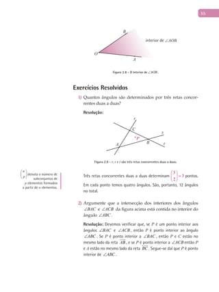 55
A
B
O
interior de
Figura 2.8 - O interior de AOB∠ .
Exercícios Resolvidos
Quantos ângulos são determinados por três retas concor-1)
rentes duas a duas?
Resolução:
A B
P
C
r
s
t
Figura 2.9 - r, s e t são três retas concorrentes duas a duas.
Três retas concorrentes duas a duas determinam pontos.
Em cada ponto temos quatro ângulos. São, portanto, 12 ângulos
no total.
Argumente que a intersecção dos interiores dos ângulos2)
BAC∠ e ACB∠ da figura acima está contida no interior do
ângulo ABC∠ .
Resolução: Devemos verificar que, se P é um ponto interior aos
ângulos BAC∠ e ACB∠ , então P é ponto interior ao ângulo
ABC∠ . Se P é ponto interior a BAC∠ , então P e C estão no
mesmo lado da reta AB

, e se P é ponto interior a ACB∠ então P
e A estão no mesmo lado da reta BC

. Segue-se daí que P é ponto
interior de ABC∠ .
denota o número de
subconjuntos de
p elementos formados
a partir de n elementos.
 