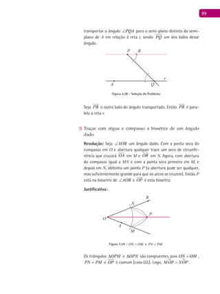 99
transportar o ângulo PQA∠ para o semi-plano distinto do semi-
plano de A em relação à reta t, sendo PQ

um dos lados desse
ângulo.
A
BP
Q
r
Figura 3.28 - Solução do Problema
Seja PB

o outro lado do ângulo transportado. Então PB

é para-
lela à reta r.
Traçar com régua e compasso a bissetriz de um ângulo3)
dado.
Resolução: Seja AOB∠ um ângulo dado. Com a ponta seca do
compasso em O e abertura qualquer trace um arco de circunfe-
rência que cruzará OA

em M e OB

em N. Agora, com abertura
do compasso igual a MN e com a ponta seca primeiro em M, e
depois em N, obtenha um ponto P (a abertura pode ser qualquer,
mas suficientemente grande para que os arcos se cruzem). Então P
está na bissetriz de AOB∠ e OP

é esta bissetriz.
Justificativa:
A
B
O
P
M
N
Figura 3.29 - ON OM= e PN PM=
Os triângulos OPM∆ e OPN∆ são congruentes, pois ON OM= ,
PN PM= e OP é comum (caso LLL). Logo,  M OP NOP= .
 