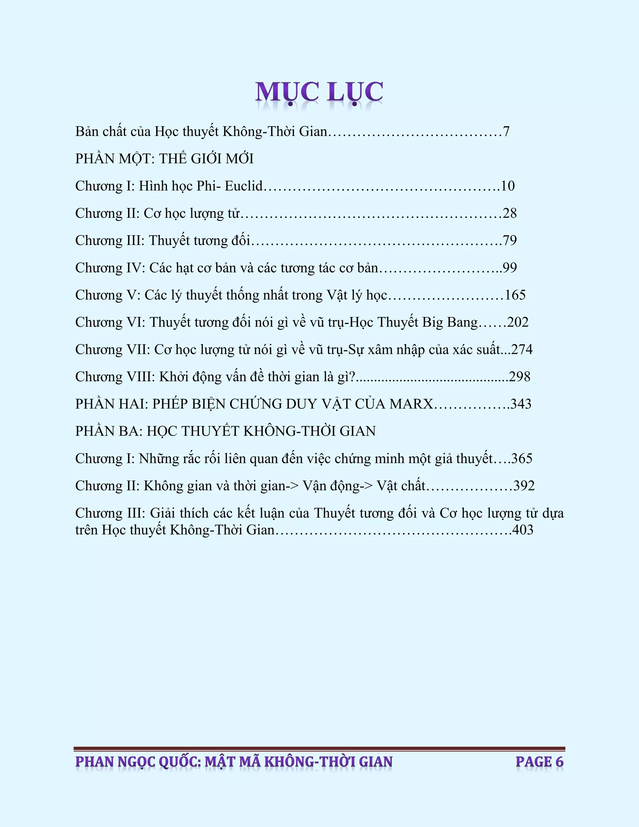 Bản chất của Học thuyết Không-Thời Gian………………………………7
PHẦN MỘT: THẾ GIỚI MỚI
Chương I: Hình học Phi- Euclid………………………………………….10
Chương II: Cơ học lượng tử………………………………………………28
Chương III: Thuyết tương đối…………………………………………….79
Chương IV: Các hạt cơ bản và các tương tác cơ bản……………………..99
Chương V: Các lý thuyết thống nhất trong Vật lý học……………………165
Chương VI: Thuyết tương đối nói gì về vũ trụ-Học Thuyết Big Bang……202
Chương VII: Cơ học lượng tử nói gì về vũ trụ-Sự xâm nhập của xác suất...274
Chương VIII: Khởi động vấn đề thời gian là gì?..........................................298
PHẦN HAI: PHÉP BIỆN CHỨNG DUY VẬT CỦA MARX…………….343
PHẦN BA: HỌC THUYẾT KHÔNG-THỜI GIAN
Chương I: Những rắc rối liên quan đến việc chứng minh một giả thuyết….365
Chương II: Không gian và thời gian-> Vận động-> Vật chất………………392
Chương III: Giải thích các kết luận của Thuyết tương đối và Cơ học lượng tử dựa
trên Học thuyết Không-Thời Gian………………………………………….403
 