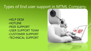 -HELP DESK
-HOTLINE
-PEER SUPPORT
-USER SUPPORT TEAM
-CUSTOMER SUPPORT
-TECHNICAL SUPPORT
Types of End user support in MTML Company.
 