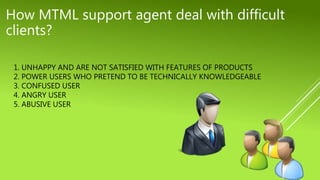 1. UNHAPPY AND ARE NOT SATISFIED WITH FEATURES OF PRODUCTS
2. POWER USERS WHO PRETEND TO BE TECHNICALLY KNOWLEDGEABLE
3. CONFUSED USER
4. ANGRY USER
5. ABUSIVE USER
How MTML support agent deal with difficult
clients?
 