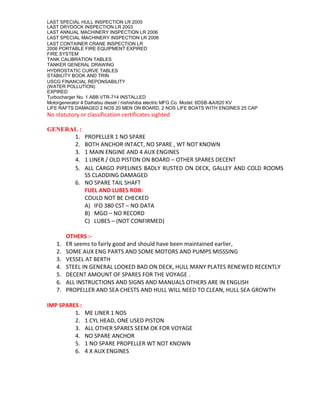 LAST SPECIAL HULL INSPECTION LR 2005
LAST DRYDOCK INSPECTION LR 2003
LAST ANNUAL MACHINERY INSPECTION LR 2006
LAST SPECIAL MACHINERY INSPECTION LR 2006
LAST CONTAINER CRANE INSPECTION LR
2006 PORTABLE FIRE EQUIPMENT EXPIRED
FIRE SYSTEM
TANK CALIBRATION TABLES
TANKER GENERAL DRAWING
HYDROSTATIC CURVE TABLES
STABILITY BOOK AND TRIN
USCG FINANCIAL REPONSABILITY
(WATER POLLUTION)
EXPIRED
Turbocharger No. 1 ABB VTR-714 INSTALLED
Motorgenerator 4 Daihatsu diesel / nishishiba electric MFG Co. Model: 6DSB-&A/820 KV
LIFE RAFTS DAMAGED 2 NOS 20 MEN ON BOARD, 2 NOS LIFE BOATS WITH ENGINES 25 CAP
No statutory or classification certificates sighted
GENERAL :
1. PROPELLER 1 NO SPARE
2. BOTH ANCHOR INTACT, NO SPARE , WT NOT KNOWN
3. 1 MAIN ENGINE AND 4 AUX ENGINES
4. 1 LINER / OLD PISTON ON BOARD – OTHER SPARES DECENT
5. ALL CARGO PIPELINES BADLY RUSTED ON DECK, GALLEY AND COLD ROOMS
SS CLADDING DAMAGED
6. NO SPARE TAIL SHAFT
FUEL AND LUBES ROB:
COULD NOT BE CHECKED
A) IFO 380 CST – NO DATA
B) MGO – NO RECORD
C) LUBES – (NOT CONFIRMED)
OTHERS :-
1. ER seems to fairly good and should have been maintained earlier,
2. SOME AUX ENG PARTS AND SOME MOTORS AND PUMPS MISSSING
3. VESSEL AT BERTH
4. STEEL IN GENERAL LOOKED BAD ON DECK, HULL MANY PLATES RENEWED RECENTLY
5. DECENT AMOUNT OF SPARES FOR THE VOYAGE .
6. ALL INSTRUCTIONS AND SIGNS AND MANUALS OTHERS ARE IN ENGLISH
7. PROPELLER AND SEA CHESTS AND HULL WILL NEED TO CLEAN, HULL SEA GROWTH
IMP SPARES :
1. ME LINER 1 NOS
2. 1 CYL HEAD, ONE USED PISTON
3. ALL OTHER SPARES SEEM OK FOR VOYAGE
4. NO SPARE ANCHOR
5. 1 NO SPARE PROPELLER WT NOT KNOWN
6. 4 X AUX ENGINES
 