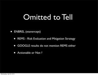 Omitted to Tell
• ENBREL (etanercept)
• REMS - Risk Evaluation and Mitigation Strategy
• GOOGLE results do not mention REM...